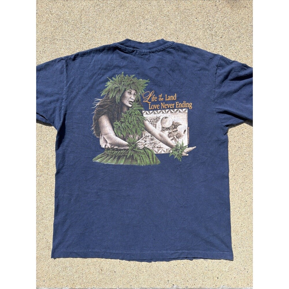 VTG Hanes Hawaii Life Of The Land, Love Never Ending Single Stitch L Blue Shirt